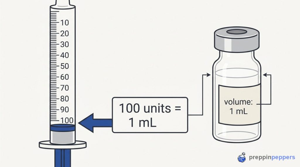 U-100 insulin syringe diagram showing 100 units equals 1 mL next to a 1 mL vial to prevent volume calculation errors.