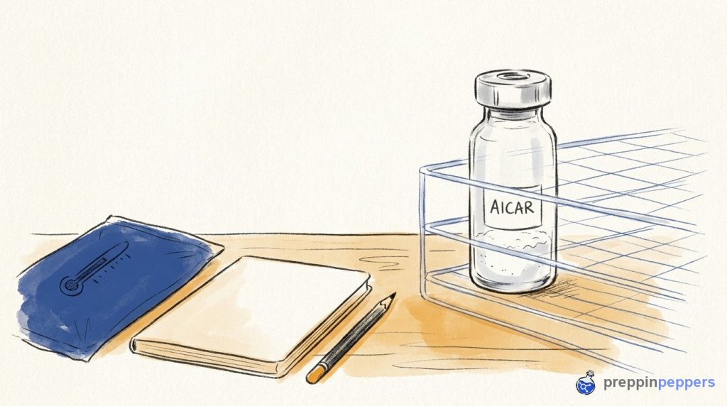 An AICAR vial in a wire rack on a lab bench next to an ice pack, thermometer, and a closed notebook.