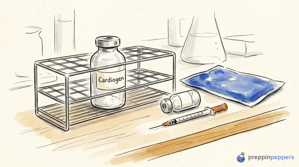 Ink-and-wash illustration of a Cardiogen vial in a wire rack next to a syringe, unlabeled vial, and ice pack.