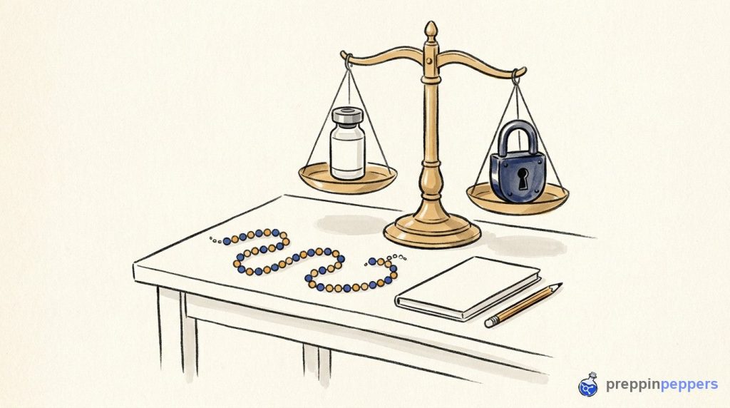 A balance scale weighing a single unlabeled glass vial against a heavy padlock on a lab bench.