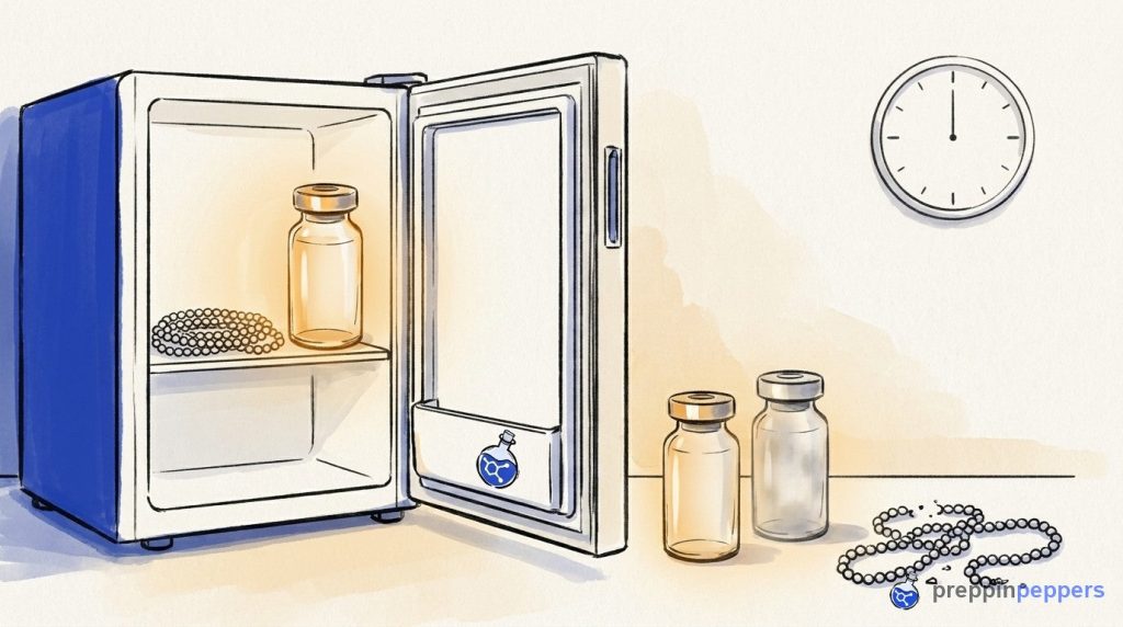 A lab fridge holds a glowing vial and neat beaded chain; outside, faded vials and a tangled chain sit under a clock.