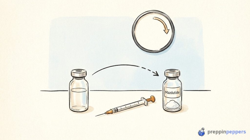 Diagram of Mazdutide reconstitution, showing diluent liquid directed by an arrow into the powder vial next to a clock.