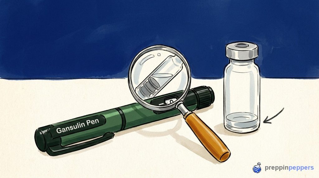 Magnifying glass showing unreachable liquid trapped in a Gansulin pen cartridge next to a wasted pool in a vial.