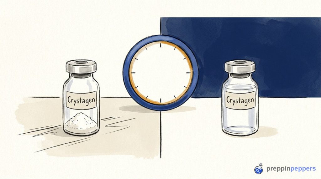 Before-and-after views of Crystagen vial showing dry powder and fully dissolved liquid next to a blank clock.