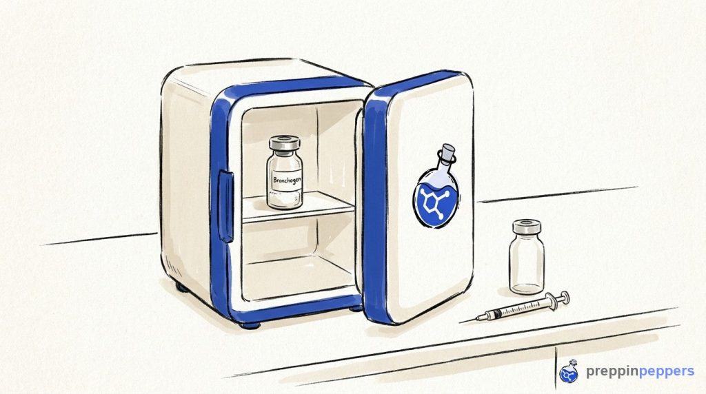 A lab fridge holding a Bronchogen vial next to a syringe and an unlabeled vial on a lab bench.