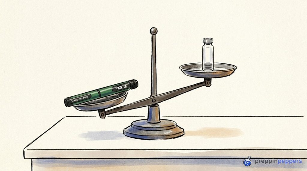 A balance scale tipped heavily by a green Gansulin pen on one side, with a single glass cartridge on the light side.
