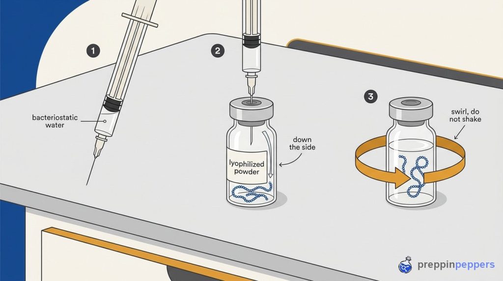 Three-step reconstitution diagram showing gentle mixing to keep delicate peptide beaded chains intact.