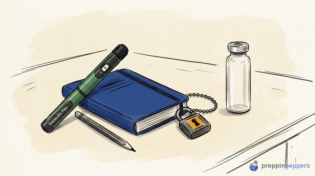 A Gansulin pen propped against a notebook next to a padlock, a beaded chain, and a plain unlabeled glass vial.