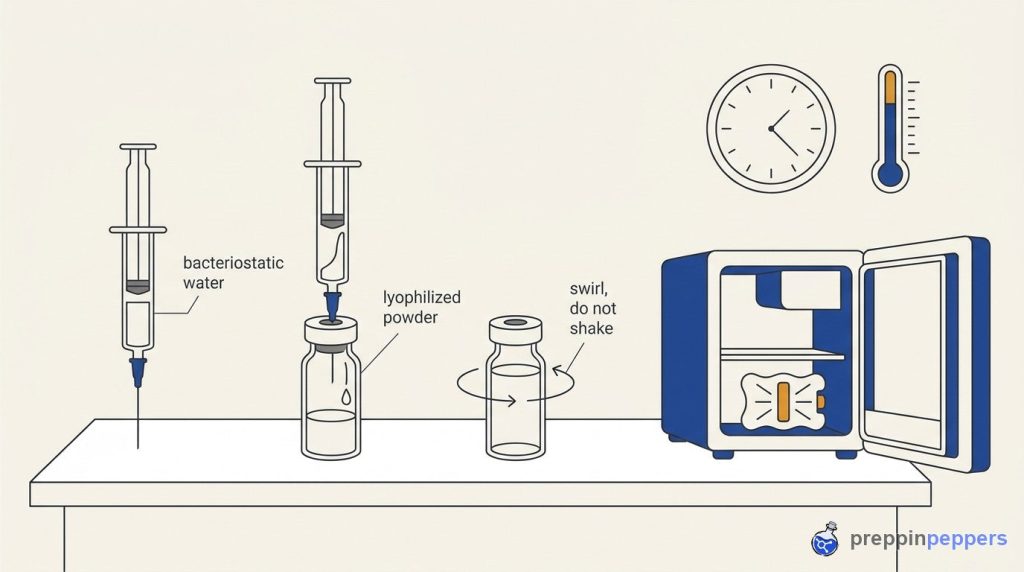 Diagram of reconstitution steps on a lab bench next to a small lab fridge, wall clock, and thermometer.