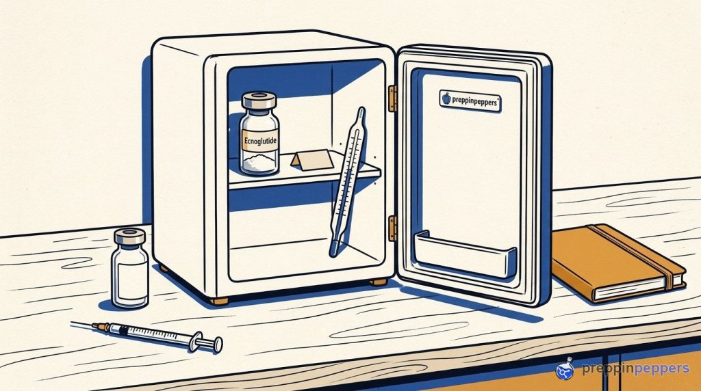 An open lab mini-fridge containing an Ecnoglutide vial, with a syringe and unlabeled vial on the bench.