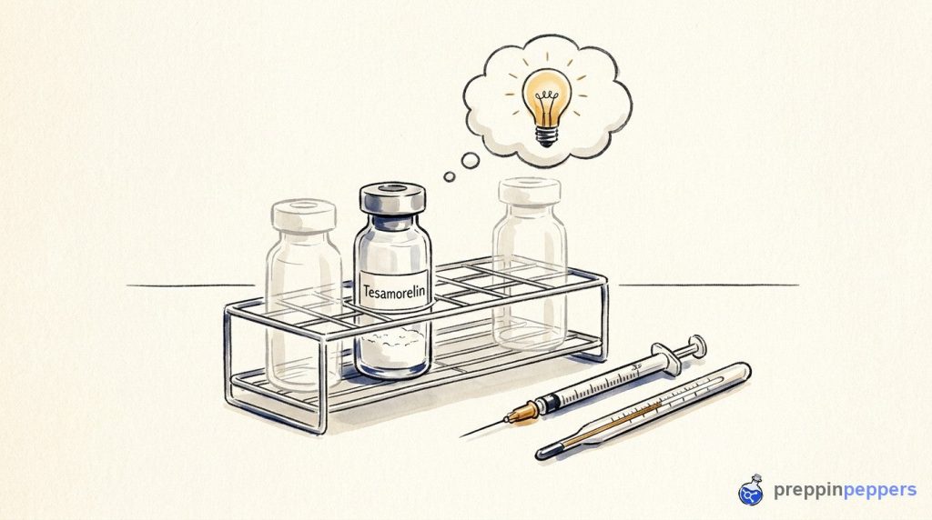 A vial labeled Tesamorelin in a wire rack next to an insulin syringe and a thermometer on a lab bench.