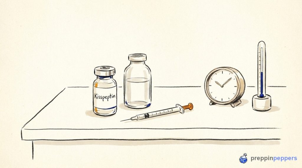 A labeled Kisspeptin vial, an unlabeled liquid vial, a syringe, a clock, and a thermometer on a lab bench.