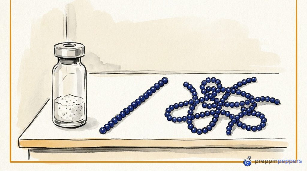 A simple linear beaded chain contrasted with a highly complex, branched and looped NRPS peptide chain on a lab bench.