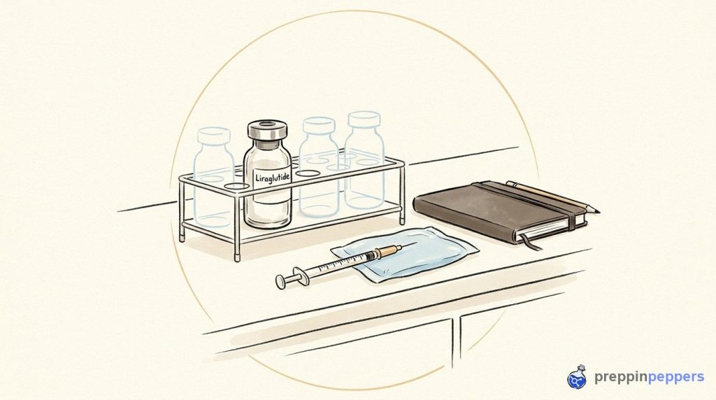Ink-and-wash drawing of a Liraglutide vial in a wire rack next to a syringe and an ice pack on a lab bench.