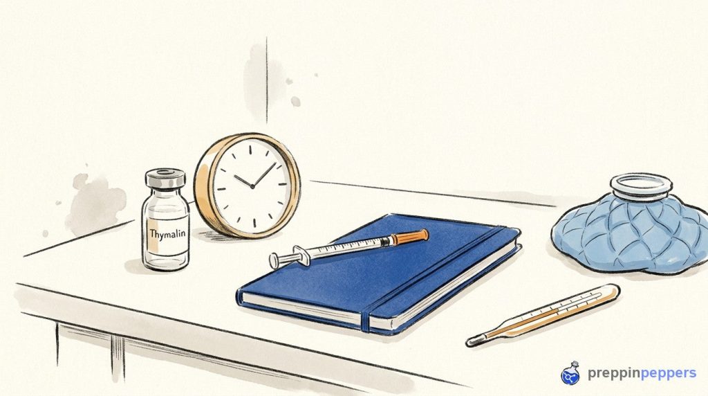A Thymalin vial, small clock, syringe, notebook, thermometer, and ice pack on a lab bench.