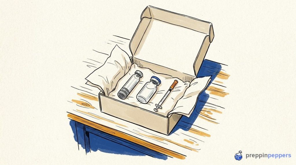 An open shipping box on a bench containing a 3 ml glass cartridge, a blue-capped vial, and an insulin syringe.