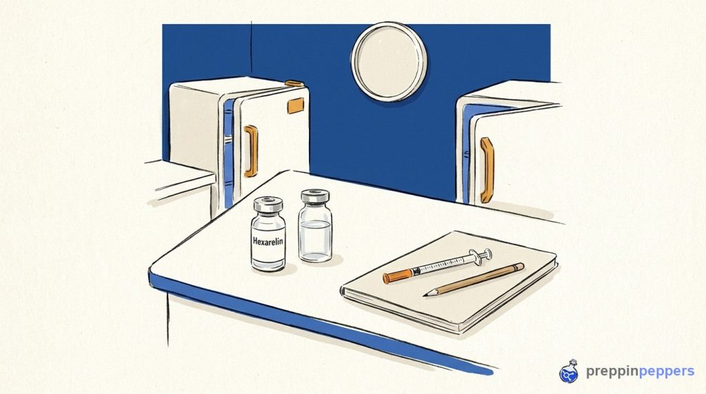 A labeled vial of Hexarelin powder, an unlabeled liquid vial, a syringe, and a notebook on a lab bench near a fridge.