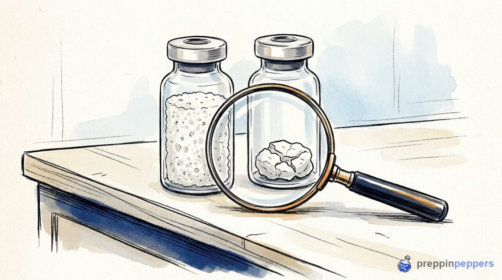 Side-by-side comparison of a perfect porous lyophilized cake and a collapsed, cracked cake in two unlabeled vials.
