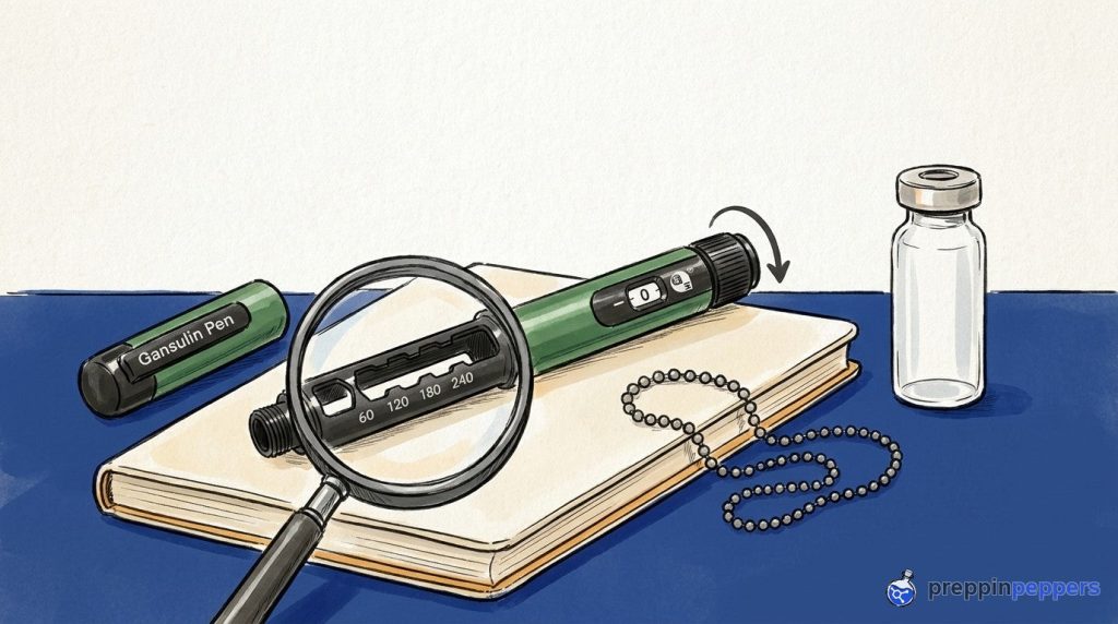 An uncapped Gansulin pen on a notebook with a magnifying glass over its cartridge and a rotation arrow on the dial.