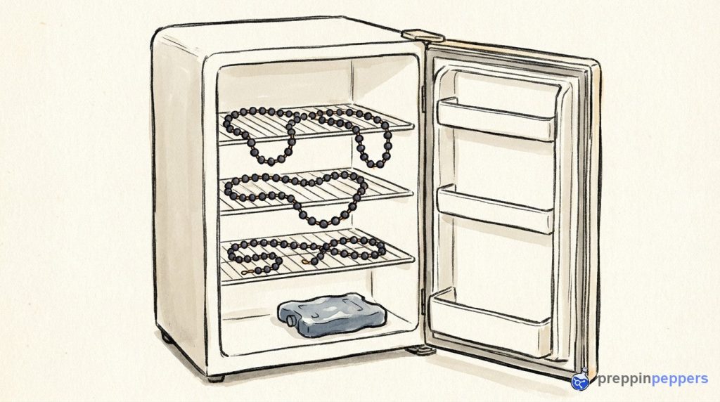 Three beaded chains representing essential peptides are organized on the shelves of an open lab fridge.