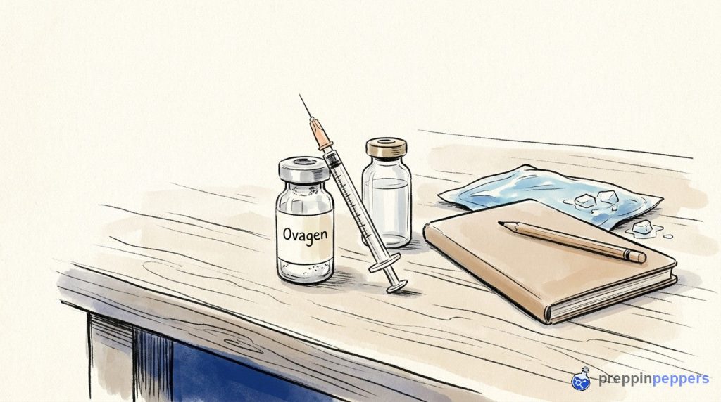 An Ovagen vial, syringe, bacteriostatic water vial, notebook, pencil, and ice pack on a lab bench.