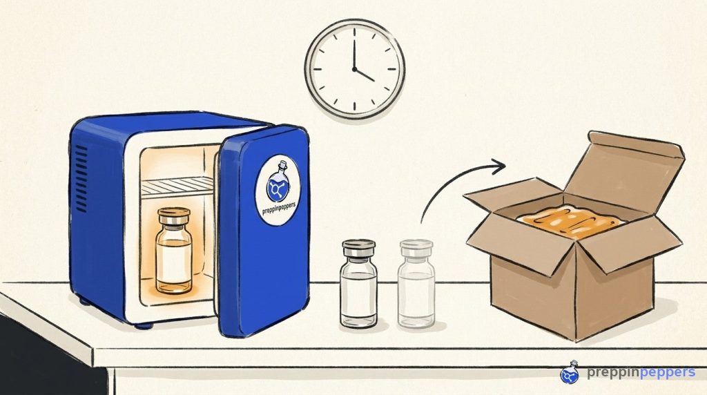 Lab fridge with a glowing vial next to a shipping box and vials on a bench under a blank clock.