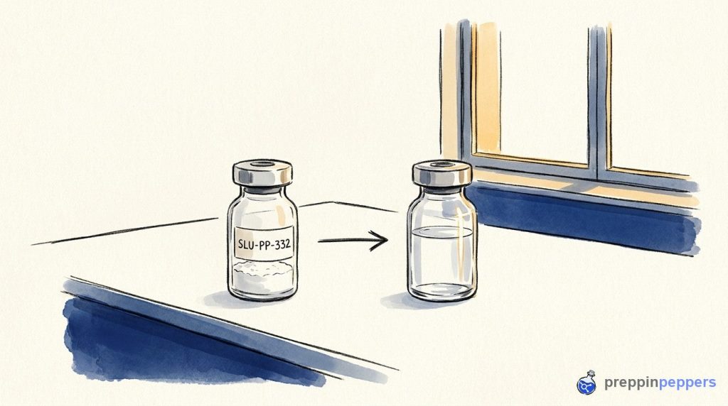 A labeled vial of SLU-PP-332 powder next to an arrow pointing to a vial of clear reconstituted liquid.