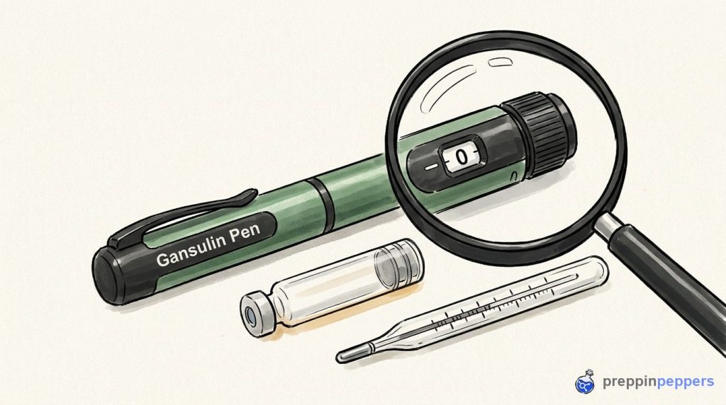 A Gansulin pen and a glass cartridge on a bench, viewed under a magnifying glass next to a thermometer.