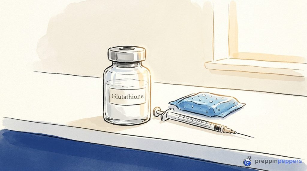 A vial labeled Glutathione with white powder sits on a lab bench next to a syringe and an ice pack.