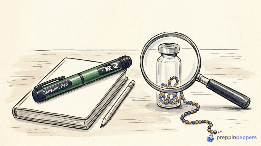 Ink-and-wash illustration of a Gansulin pen, notebook, and a glass cartridge with a beaded chain under a magnifying glass.