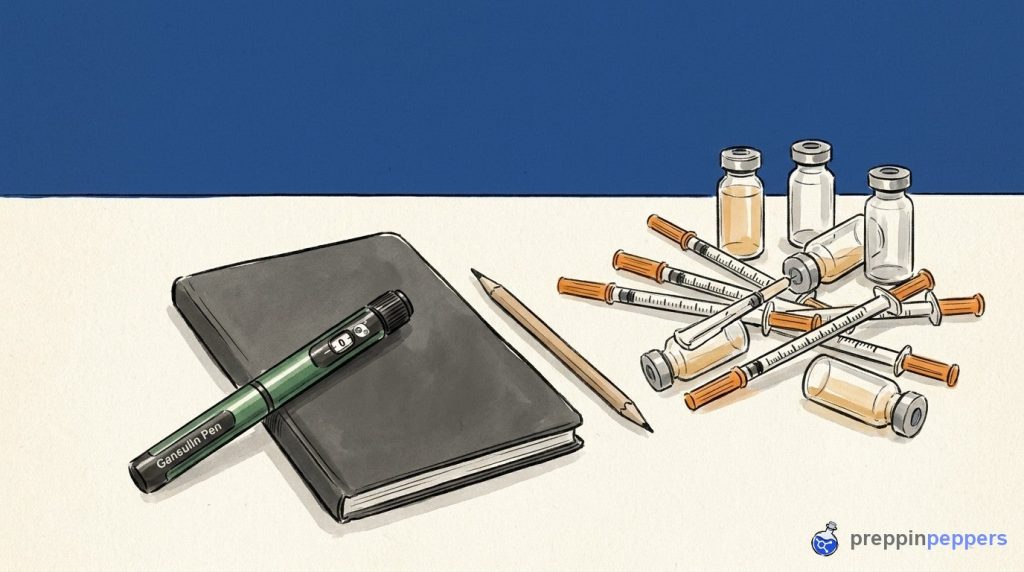 A Gansulin peptide pen next to a pile of multiple disposable syringes and unlabeled vials on a lab bench.