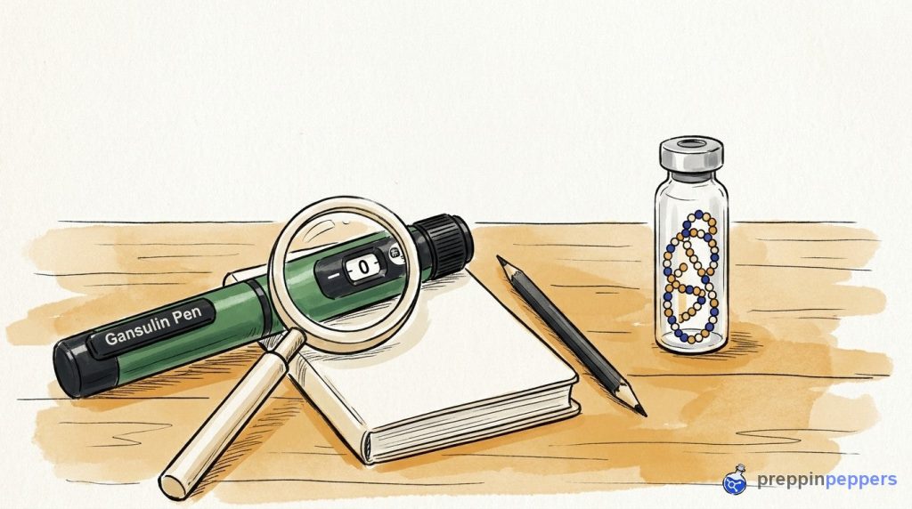 Gansulin pen on a notebook next to a magnifying glass, a plain vial, and a beaded peptide chain.