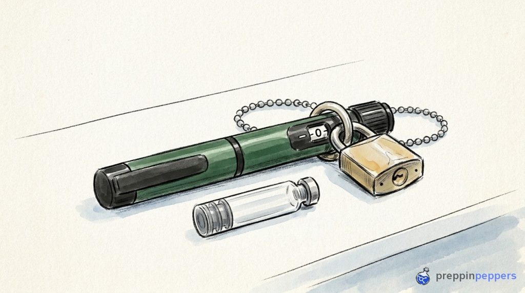 A Gansulin peptide pen next to a locked padlock securing a beaded chain, symbolizing precision dose locking.