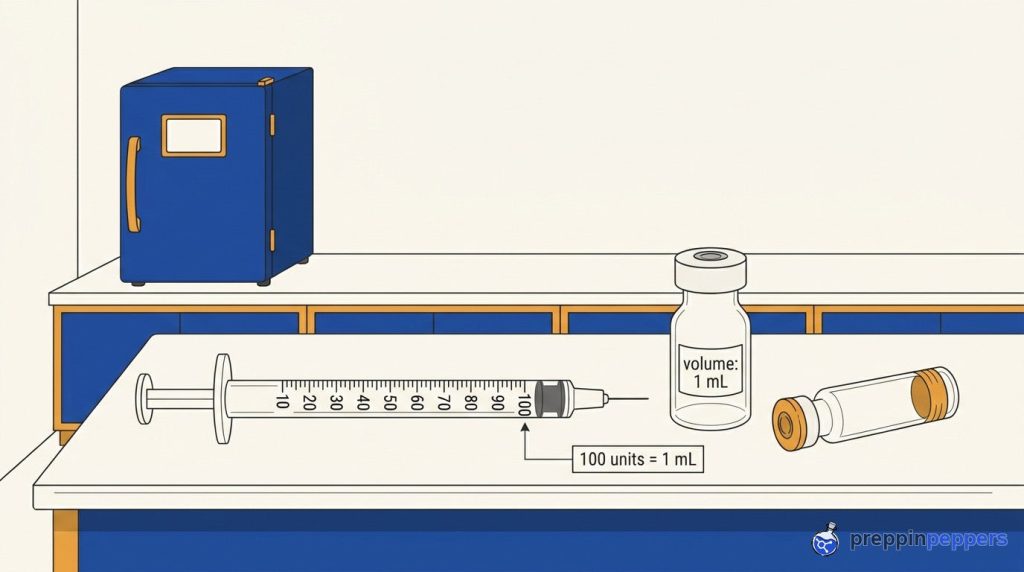 Diagram of a U-100 syringe and 1 mL vial on a lab bench next to a glass cartridge and a small lab fridge.