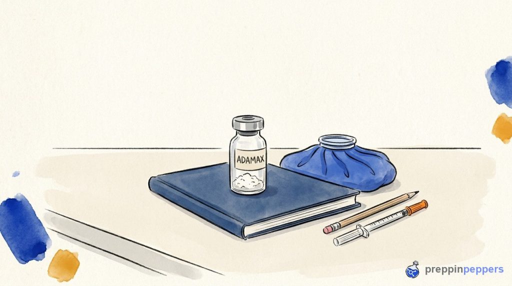 An Adamax vial on a closed notebook next to a pencil, a syringe, and an ice pack on a lab bench.
