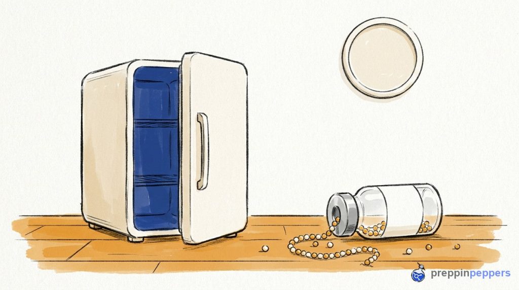 A broken beaded chain spills from an unlabeled glass vial on a lab bench next to an open mini-fridge.