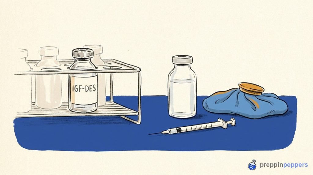 An ink-and-wash illustration of an IGF-DES vial in a rack next to an unlabeled vial, syringe, and ice pack.