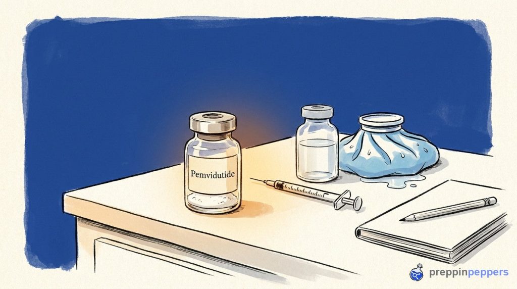 A vial labeled Pemvidutide, a syringe, an unlabeled vial of water, and an ice pack on a lab bench.