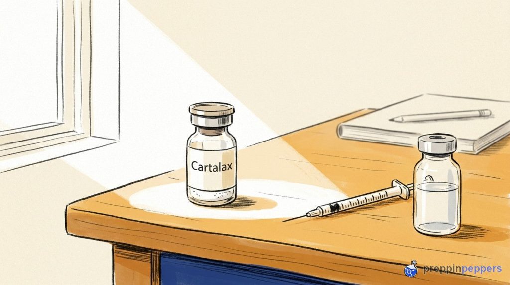 A labeled Cartalax vial, an unlabeled liquid vial, and a syringe on a sunlit lab bench next to a notebook.