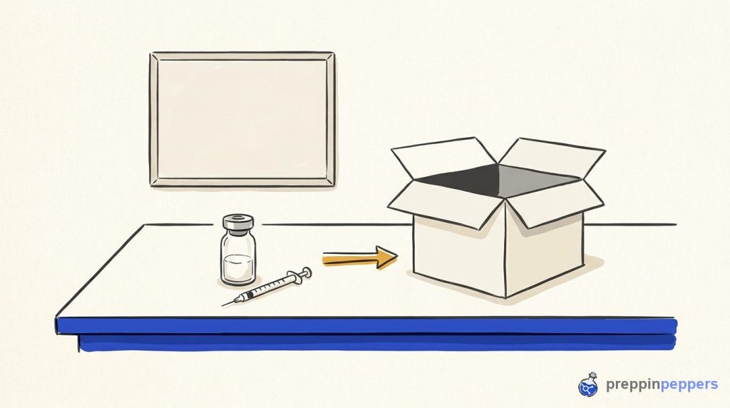 A plain unlabeled vial and insulin syringe on a lab bench, with an arrow pointing toward a shipping box for disposal.