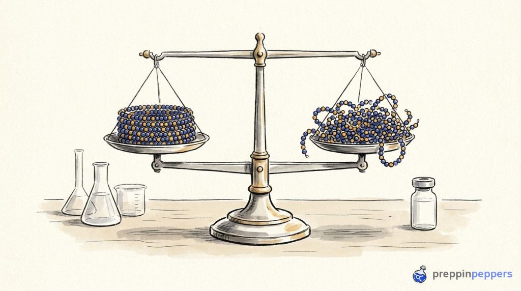 A balance scale holding a neat beaded chain and a tangled one at identical heights, showing equal weight.
