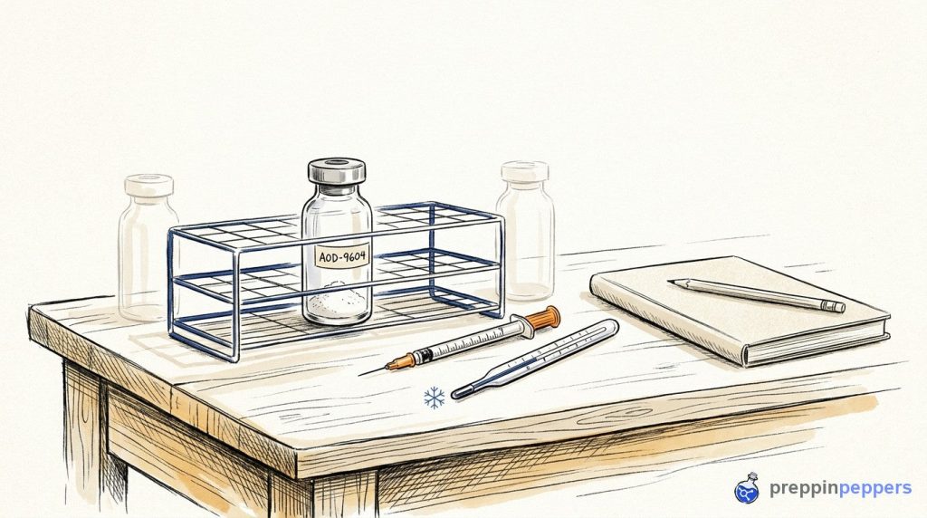 An ink-and-wash drawing of an AOD-9604 vial in a rack next to a syringe, thermometer, and notebook on a lab bench.