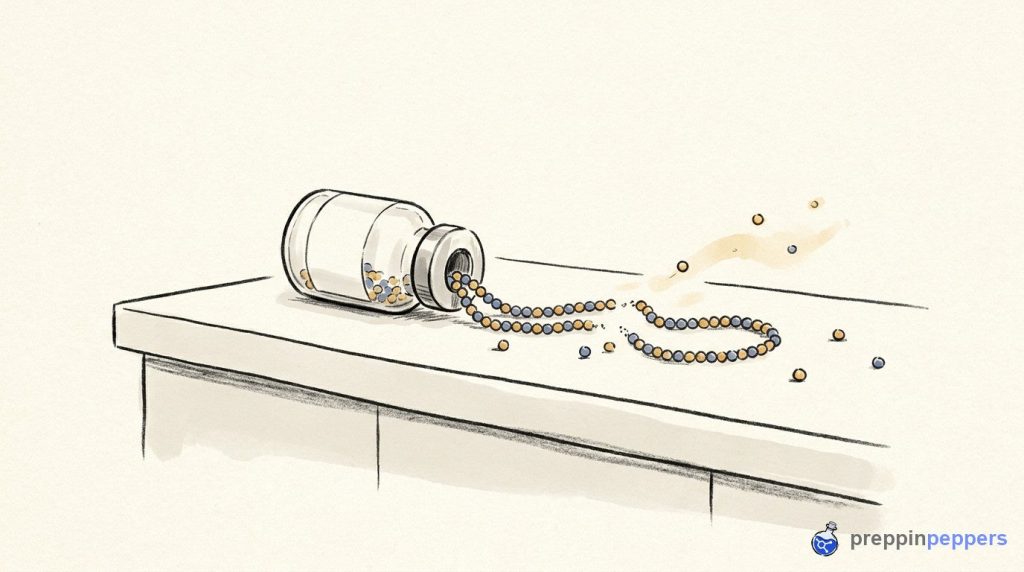 A beaded peptide chain spilling from an unlabeled vial breaks apart, illustrating enpep protein degradation.
