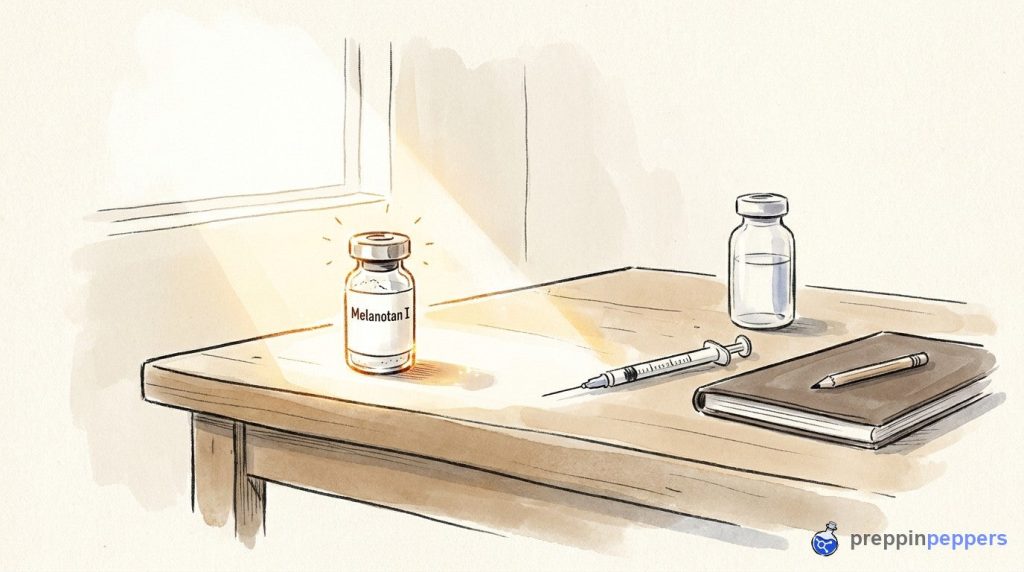 A labeled Melanotan I vial, an unlabeled liquid vial, and a syringe on a sunlit lab bench.