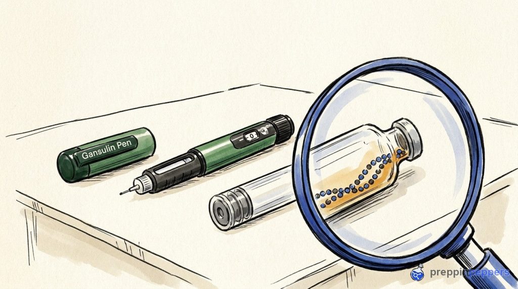 Uncapped Gansulin pen next to a glass cartridge with a beaded peptide chain trapped in the tip under a magnifying glass.