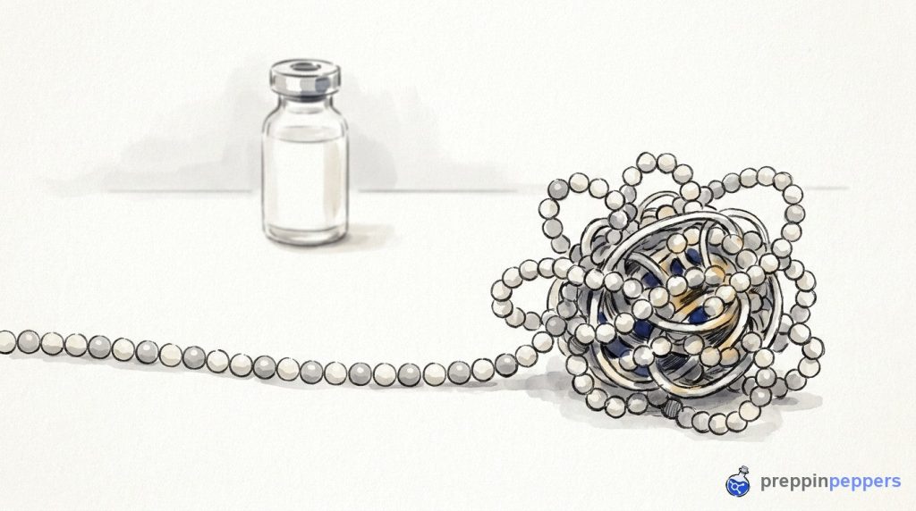A beaded peptide chain on a lab bench tangles into a tight knot, illustrating amyloid plaque aggregation.