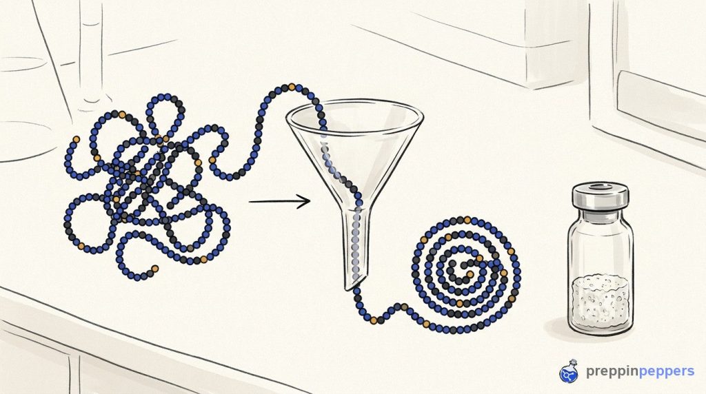 A beaded chain representing a peptide passes through a funnel, transforming from a tangled jumble into a neat spiral.