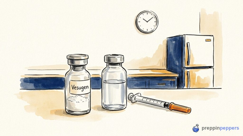 A labeled Vesugen vial next to an unlabeled liquid vial, a syringe, and a mini fridge on a lab bench.