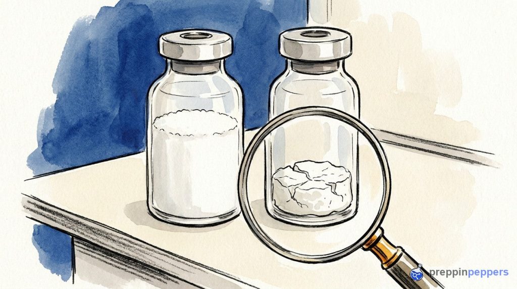 Two unlabeled vials side-by-side, one with a perfect fluffy white cake and one with a shrunken, cracked cake.