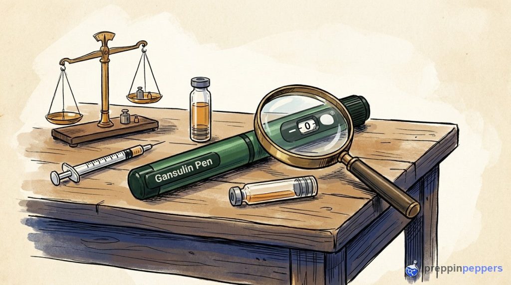 An ink-and-wash illustration of a Gansulin pen, a glass cartridge, a magnifying glass, and a balance scale on a bench.
